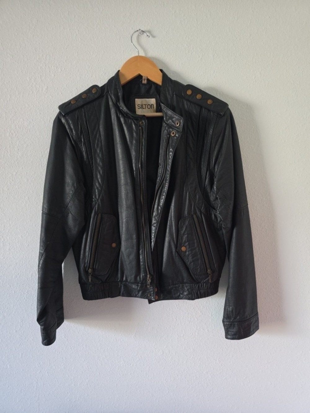 1980's Silton Black Leather Bomber Jacket with Epaulet Detail